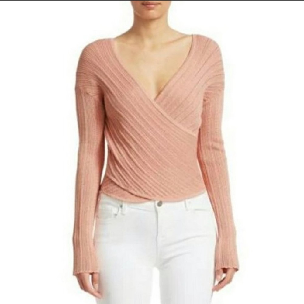 JONATHAN SIMKHAI Knitted Surplice Top in Cherry Blossom Wrap Sweater Top Size S